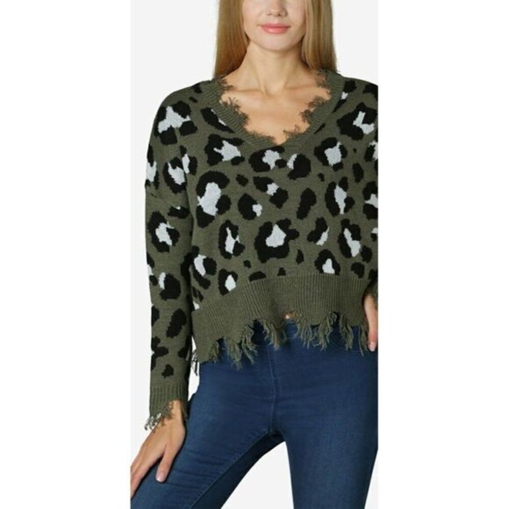 Polly & Esther Sweater Top Women's MEDIUM‎ Green Black White Leopard Destructed